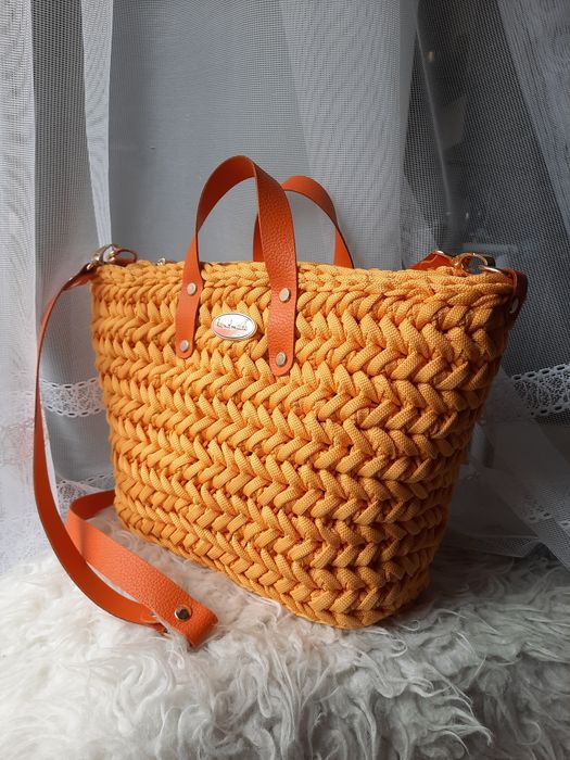 Torebka koszyk handmade melon pomarańczowa skóra pasek kłos