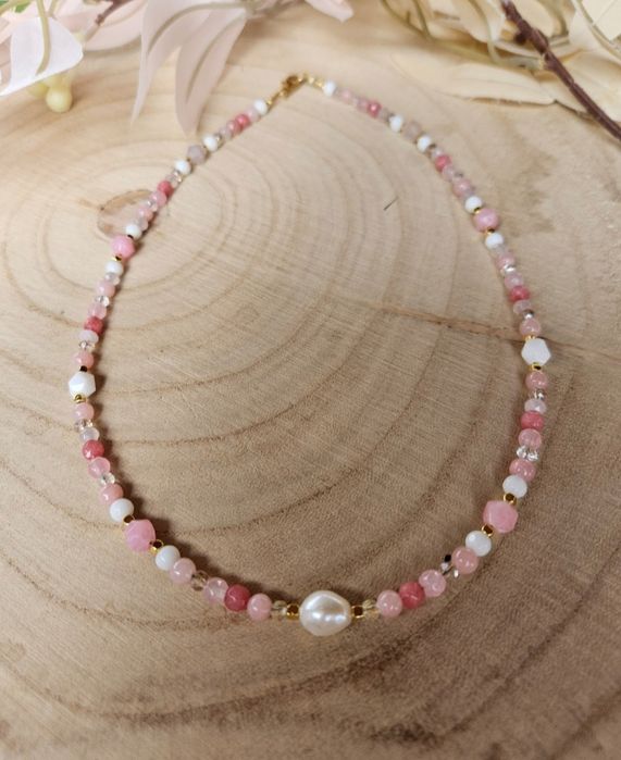 Naszyjnik Choker z Kamieni Naturalnych Perły Agat Jadeit Kwarc Hematyt