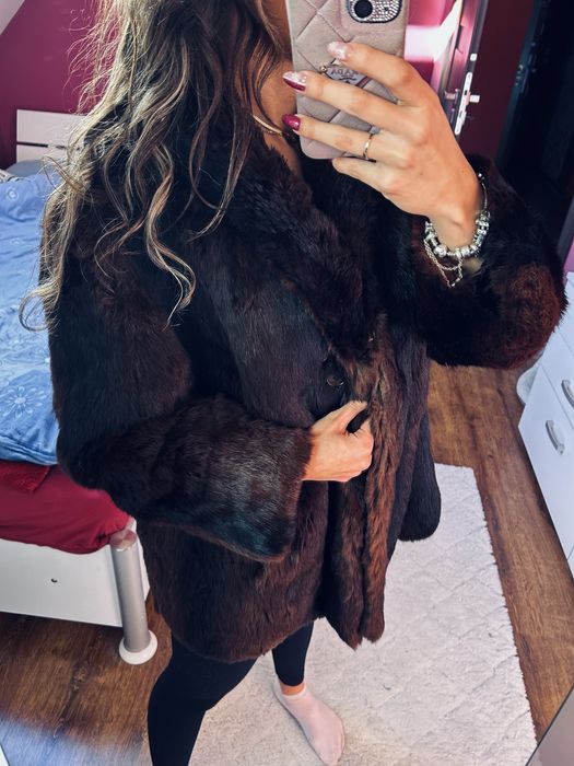 Futro naturalne z królika brązowe dłuższe m l zimowe grube mięciutkie