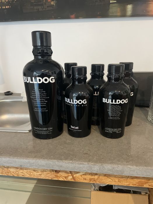 Garrafas de gin Bulldog vazias para decoracao