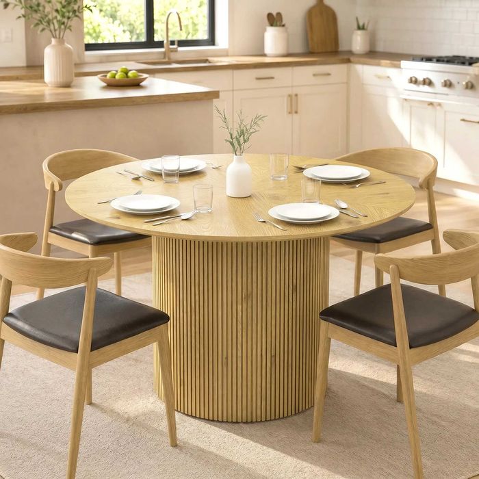 Mesa de Jantar Redonda Moderna para 4-6 Pessoas, Mesa de Cozinha de 110 cm com Base Cilíndrica Canelada, Carvalho