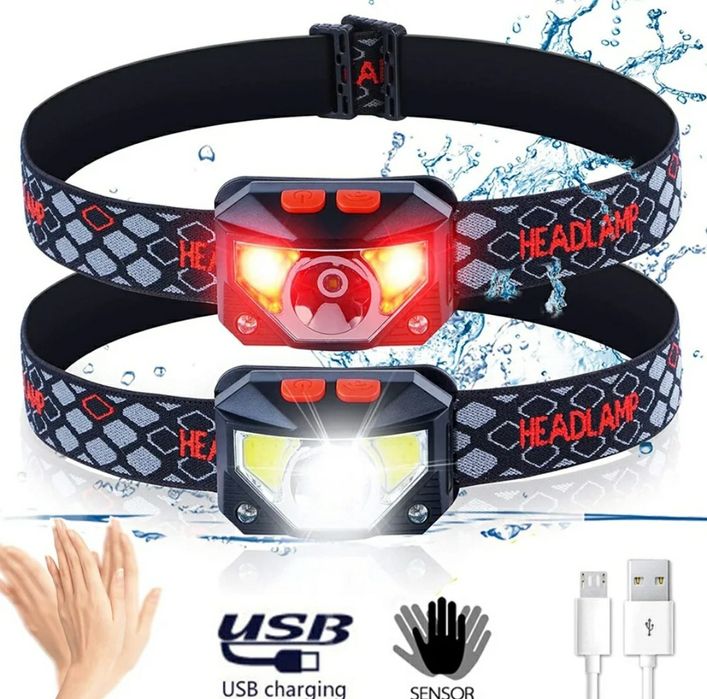 Ліхтарик налобний для риболовлі, біле та червоне світло, датчик руху