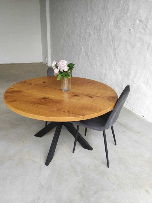 Stół okrągły dębowy 120 cm od stolarza grubość blatu 4 cm premium 120-220 cm  dowolny wymiar beżowy egger dąb lity