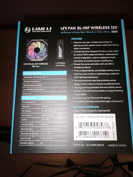 Ventoinha Lian Li UNI FAN SL120 Infinity Wireless RGB Reverse Blade PWM Preto 120mm (Pack 3) + 1