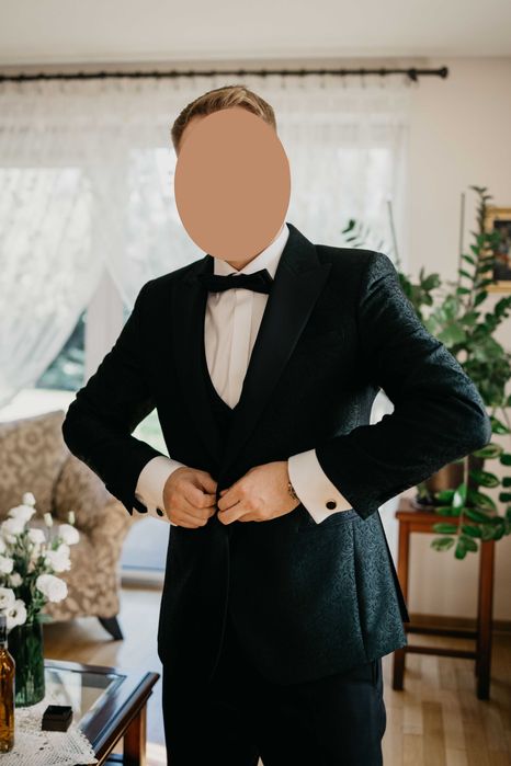 Garnitur smokingowy ślubny, żakard, szyty na miarę, Roland/Rogowski