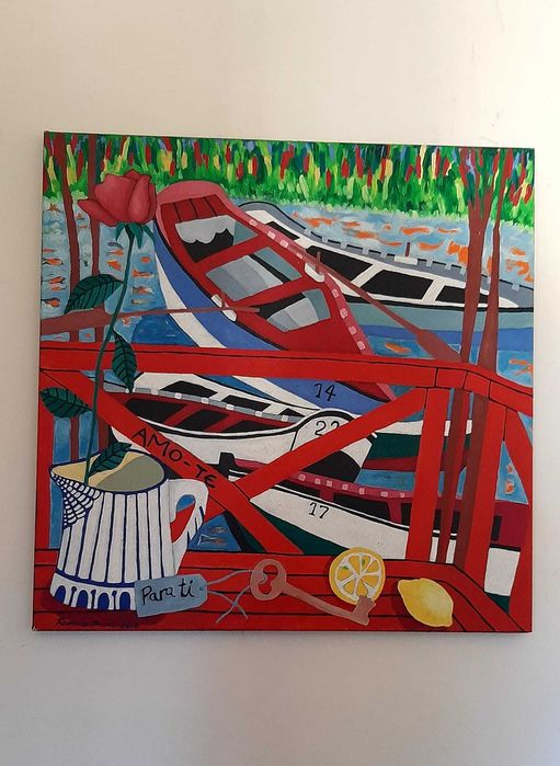 Pintura óleo sobre tela "Barcos no Parque do Bom Jesus"
