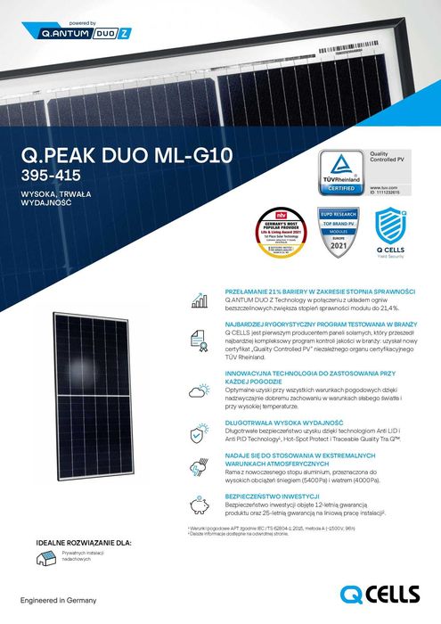 nowe panele fotowoltaiczne QCELLS Q.PEAK DUO ML-G10 410Wp czarna rama