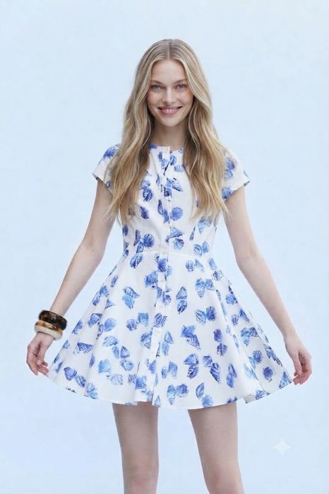 Біла сукня Zara в синій блакитний принт 100% бавовна розмір S M