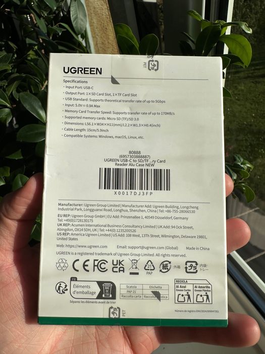 Czytnik kart SD/TF Ugreen CM401 USB C 5Gb/s - szary
