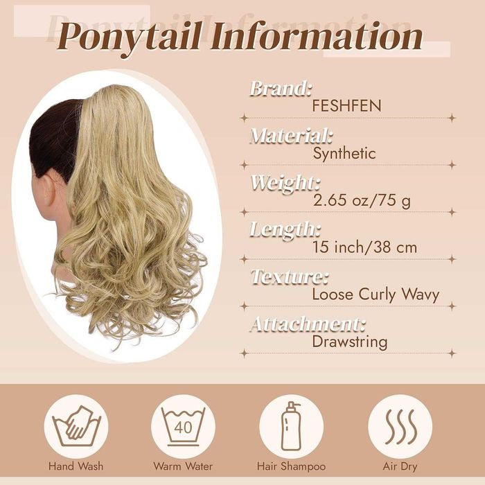 FESHFEN Syntetyczne przedłużenie włosów kucyk 38 cm mieszany blond
