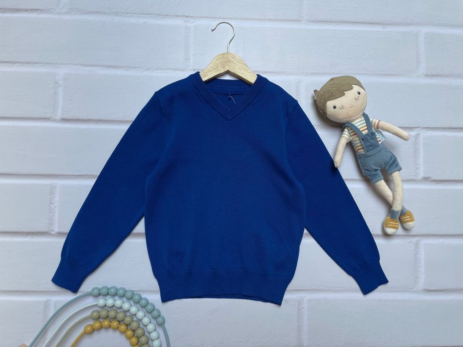 110 116 George niebieski sweter sweterek bawełniany v-neck chabrowy