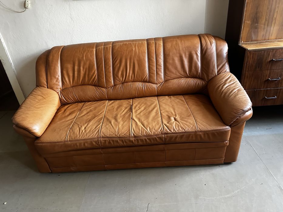 Komplet wypoczynkowy - rozkładana sofa + 2 fotele, skóra, tanio
