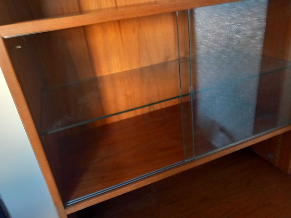Estante com janela de vidro e armario de portas