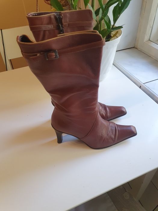 damskie włoskie kozaki 37 skóra Vintage brąz zamekwysoki obcas