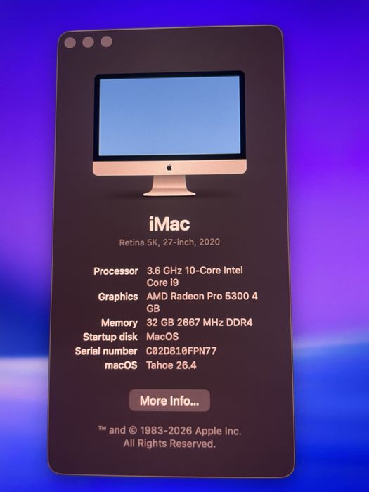Apple iMac 2020, nanostrukturalne szkło, i9, AMD 5300 4GB, 32GB RAM