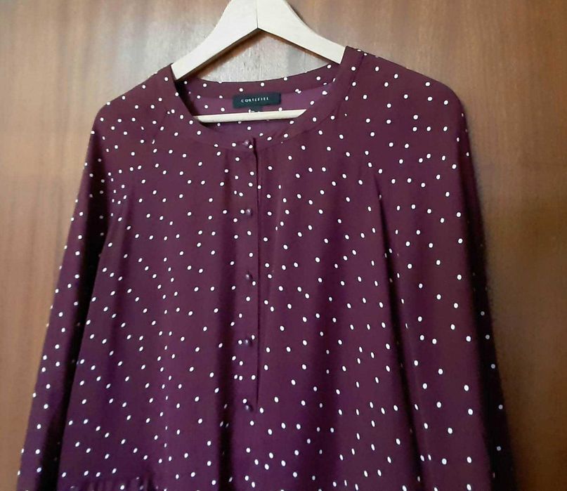 Vestido bordeaux com bolas brancas, Cortefiel, NOVO