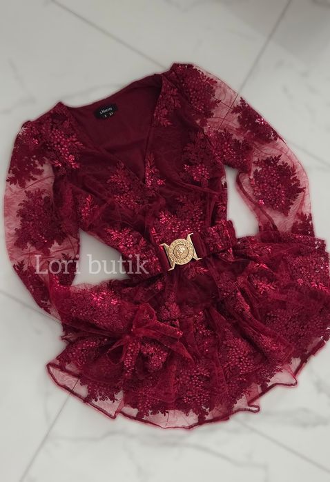 Kombinezon jak sukienka koronka bordo falbanki pasek swieta