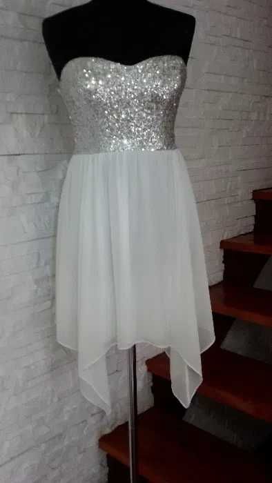 Sukienka Wieczorowa M/38 | Cekinowy Gorset | Asymetryczna | Ecru | Glamour