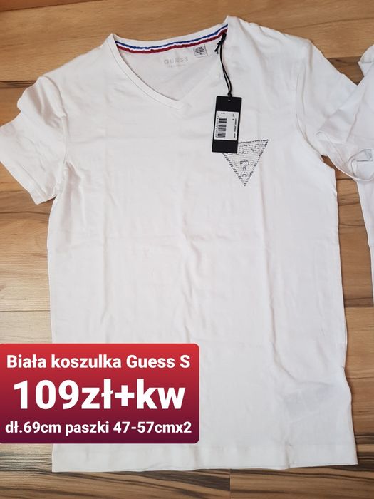 Biały tshirt z trójkątnym logo Guess S, nowy z metkami w pudełku, oryg