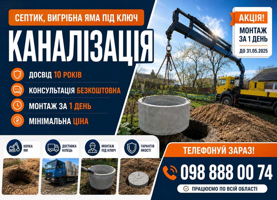 СЕПТИК ПІД КЛЮЧ НА РОКИ!  Вигрібна яма Каналізація Монтаж Бетонних кругів