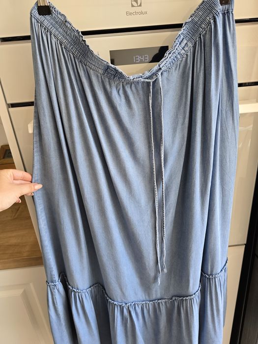 Spódnica maxi letnia jeansowa wiskoza przewiewna z falbaną plus size