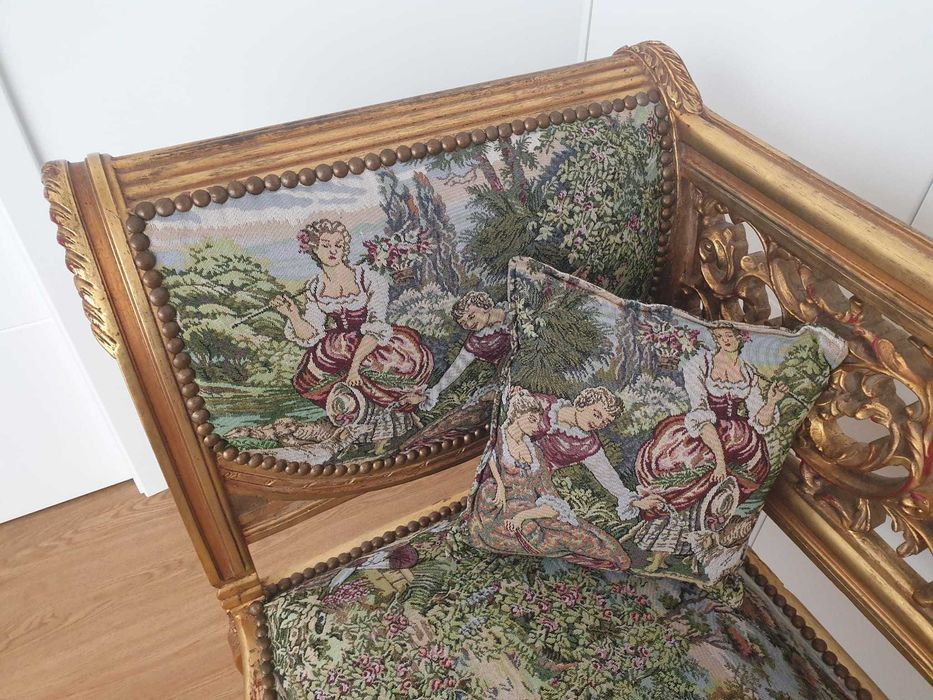 Canapé Antigo Luis XV I Folha de Ouro e Tecido Gobelin RESTAURADO