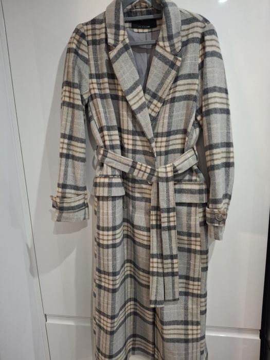 Świetny płaszcz jesienno zimowy w kratę szary L