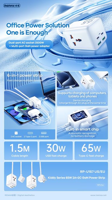 Зарядное 65W Remax удлинитель сетевой зарядка кабель MacBook iphone