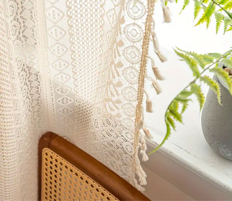 Nowy zestaw 2 firan koronkowe boho z fredzlami 150x240