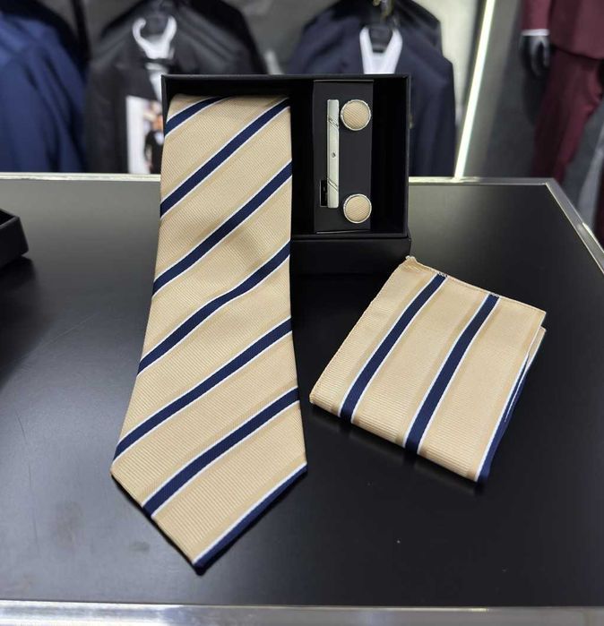 [ZESTAW] Krawat / Poszetka / Spinki/ Spinka/ ZŁOTO - GRANAT / HANDMADE