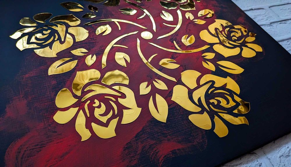 Картина золотая роза, панно из металла, зеркальное панно, арт металл