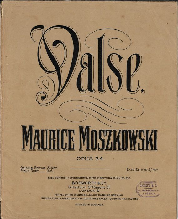 PIANO: Partitura "Easy Edition" da Valsa op.34 de M. Moszkowsky - Carimbo Sassetti