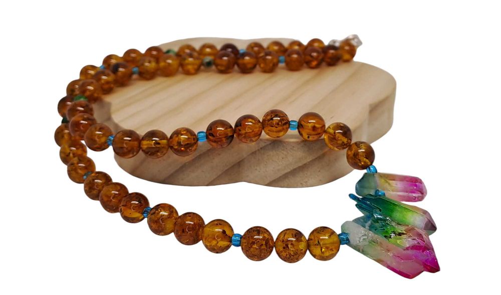 Korale z bursztynu, bursztyn bałtycki, kwarc, agat, kulka koniak #393