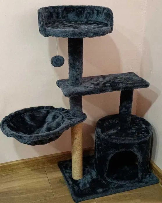 Drapak dla kota z domkiem i hamakiem 4 poziomy szary