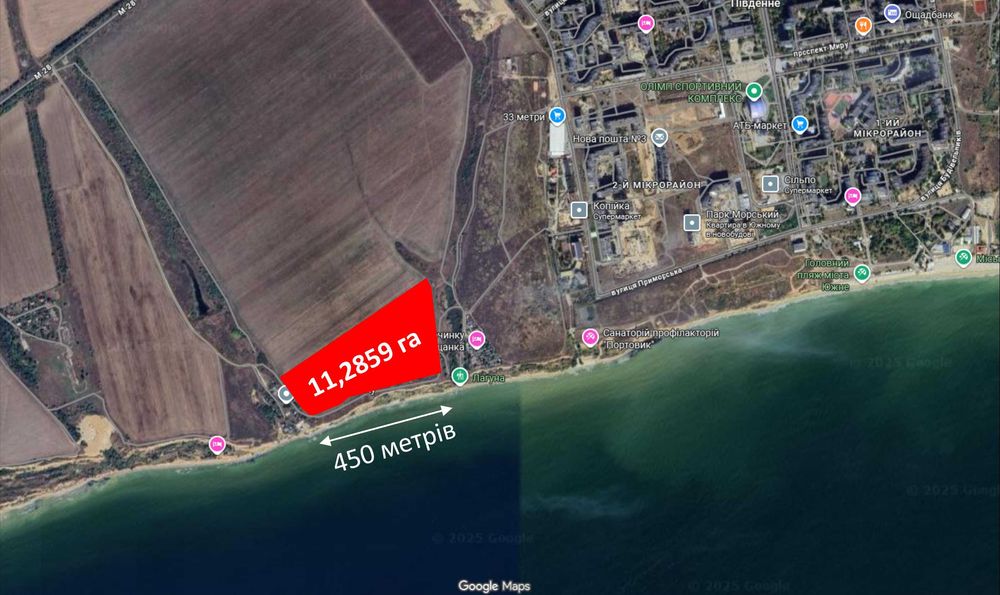Продаж земельної ділянки 11,3 га, перша лінія моря, Сичавка / Південне