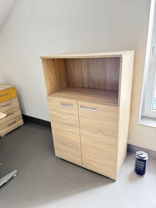 Zestaw mebli biurowych- biurko narożne + kontener + regał - stan bdb