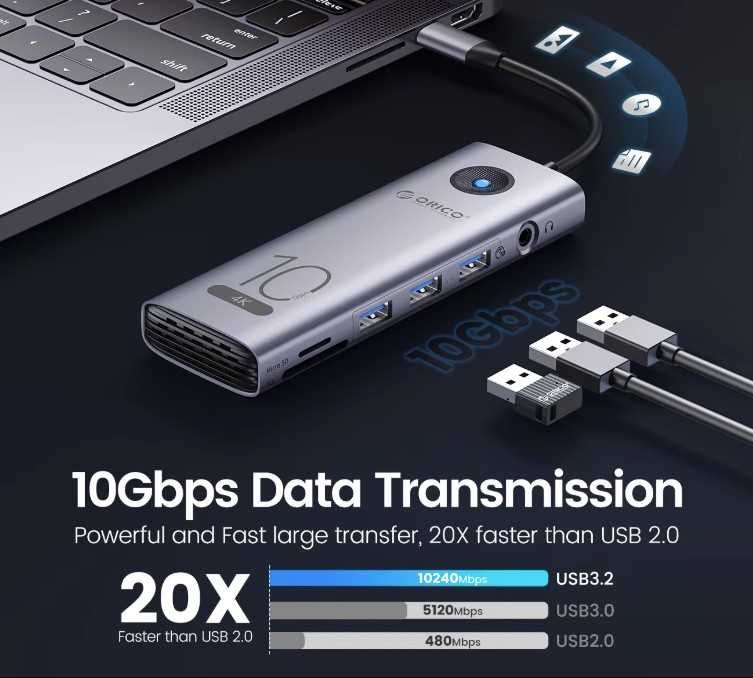 ORICO usb hub 10 in 1 HDMI 4K 60Hz, PD 100W, RJ45, SD/TF (1111011)