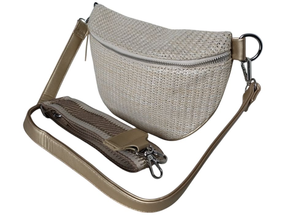 Beżowa Saszetka Damska z Wikliny na Ramię - Torebka Miejska 2 Paski