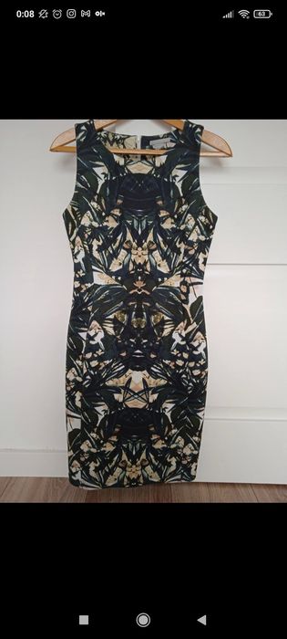 Sukienka tuba na ramiączkach zielona liście H&M 36