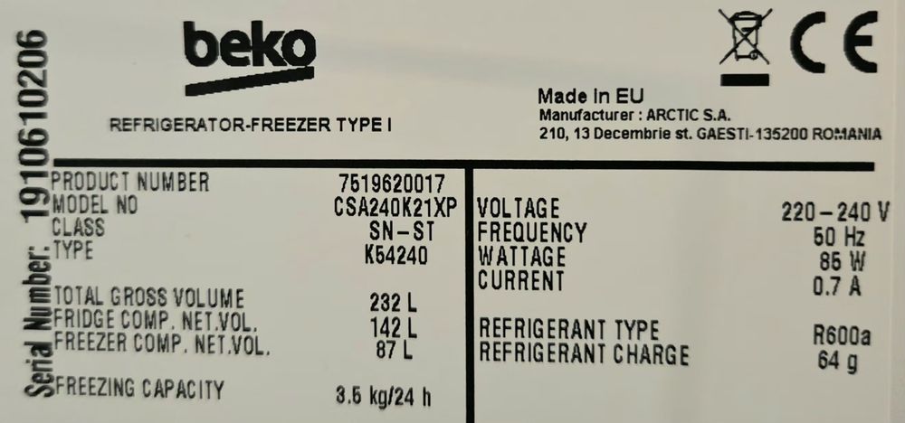 Lodówka-zamrażarka Beko 152cm z transportem,Gwarancja