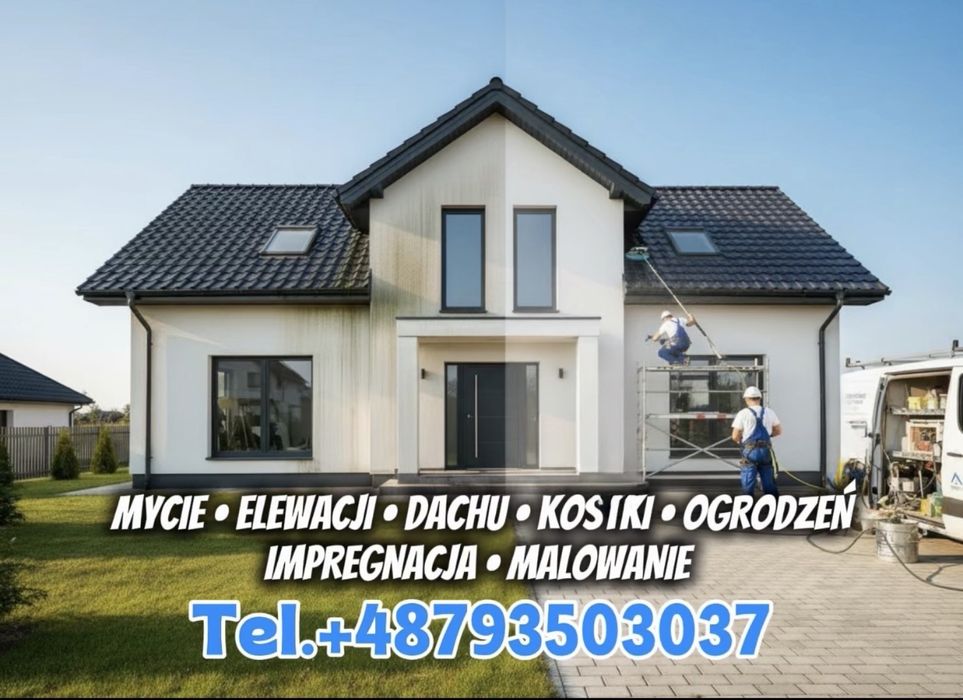 Mycie elewacji malowanie elewacji, mycie dachu malowanie dachu, mycie kostki Brukowej, mycie Ogrodzeń, odświeżanie starej elewacji