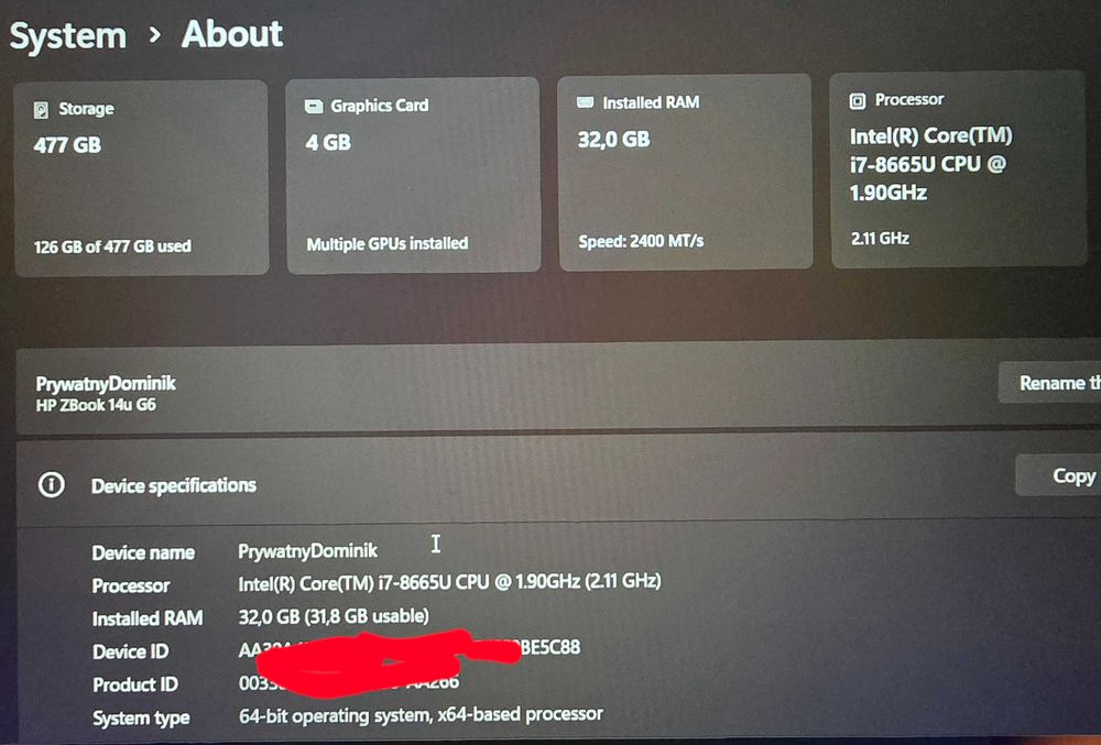 Laptop HP ZBook 14u G6 i7-8665U 32GB 512GB Radeon Pro Wx3200 4GB +Inte