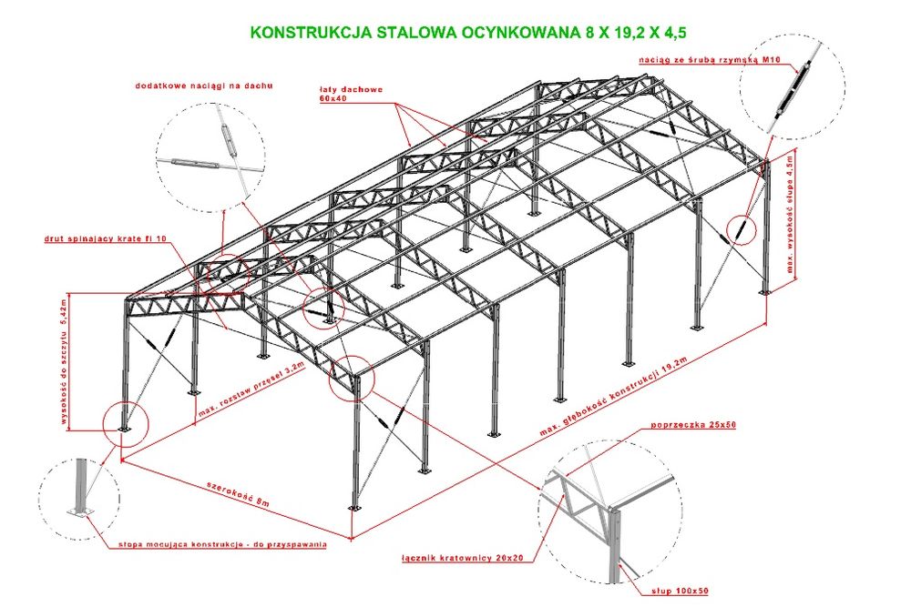 Konstrukcja stalowa 8x19.2 hala magazyn wiata garaż modułowa