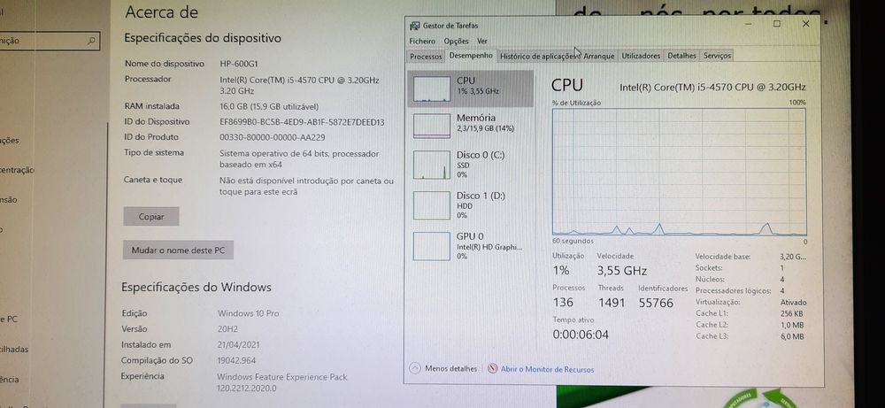 Pç HP 600G1 4ªG|I5-4570-3.2Ghz|16G|SSD256G+HDD500G|Wifi+BT|W11