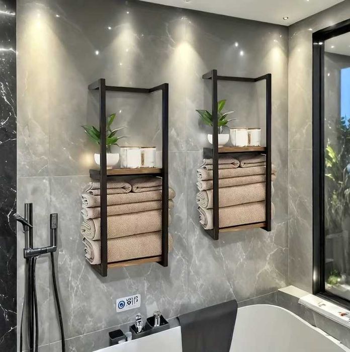 Wieszak na Ręczniki Półka Loft Regał do Łazienki Czarny