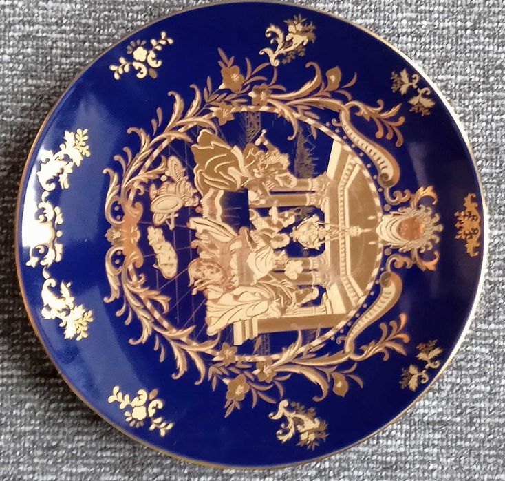 Chiński talerz kobaltowy złocony - Handmade