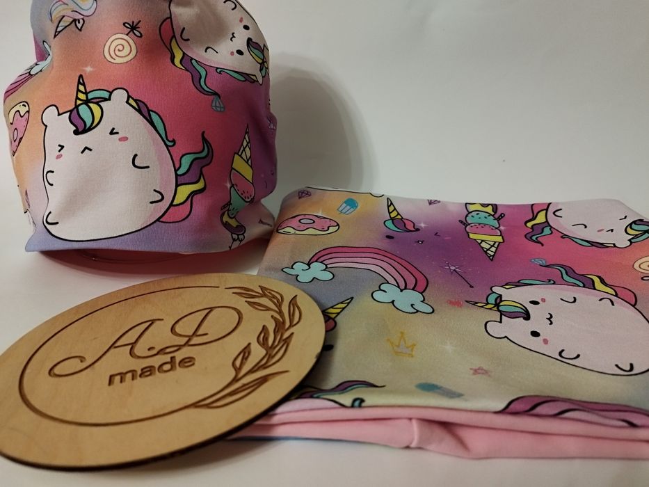 Komplet zestaw czapka komin bawełniany Kot jednorożec pushen