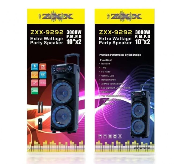 Акустическая переносная колонка ZXX-9292 60 Вт 2×10" с караоке