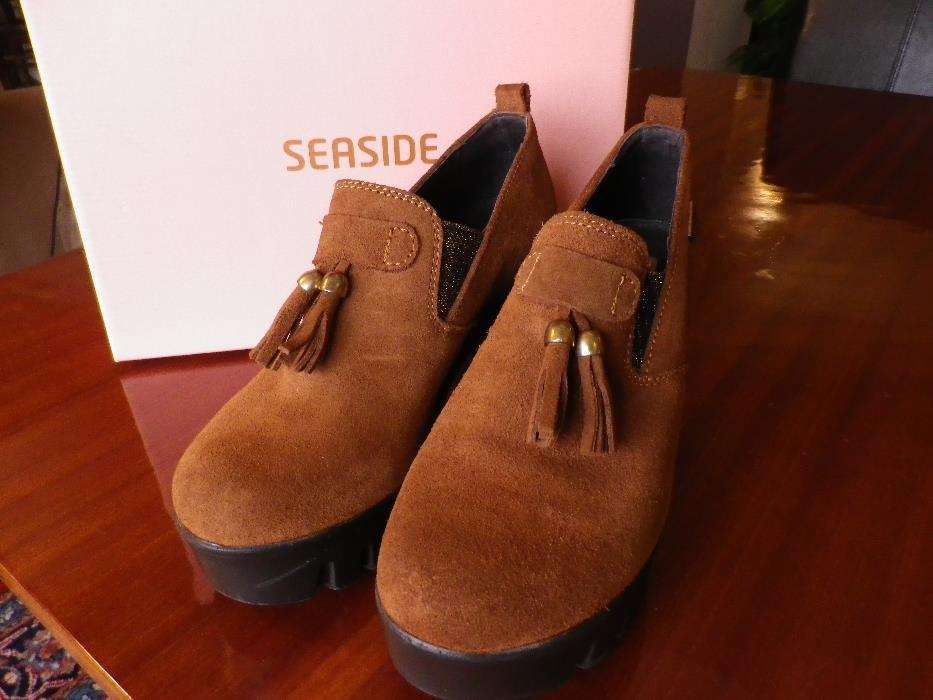 Sapatos Camel Pele Tacão Compensados 38 Como Novos