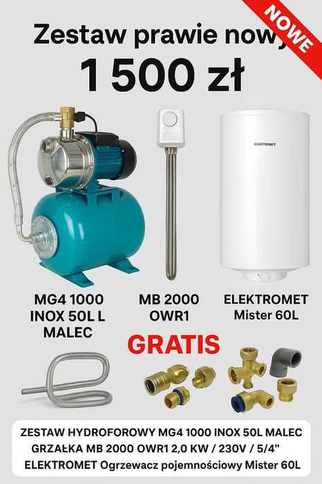Hydrofor 50l MG4 1000 INOX + Baniak na wodę 100 litrów z Grzałką MB 2